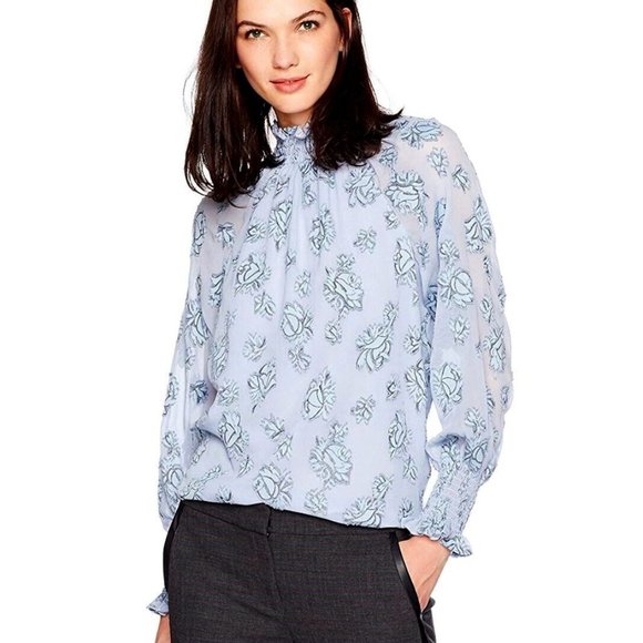 Rebecca Taylor Metallic Rose Patterned Silk Smocked Top in Blue, 4 - Picture 1 of 13